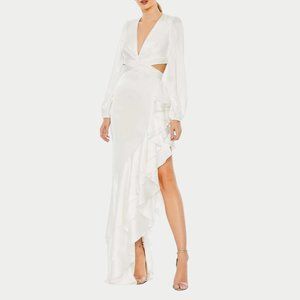 NWT Mac Duggal Cascade Detail Long Sleeve Asymmetrical Ruffled Gown Size 12